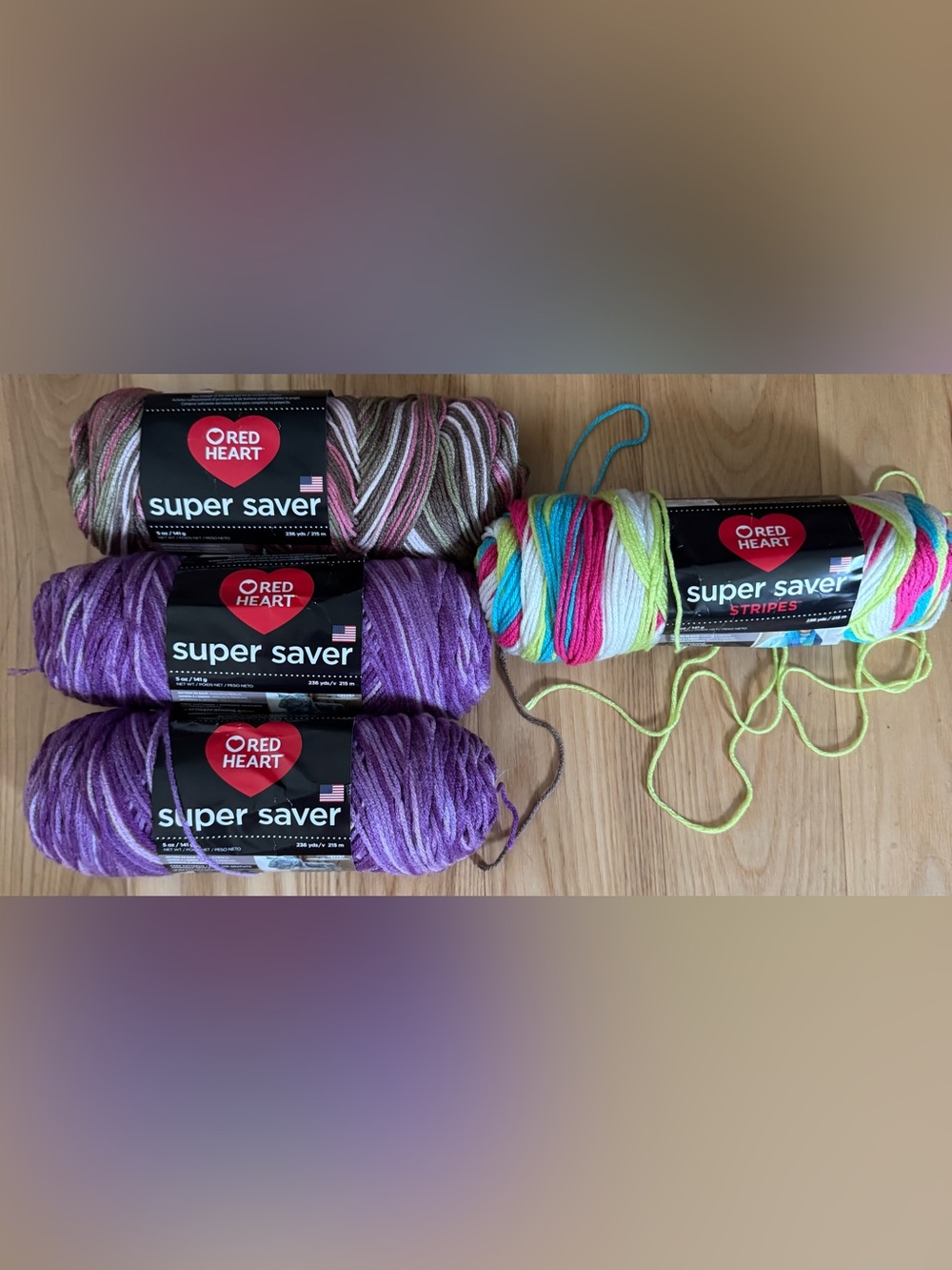Red Heart Super Saver Yarn Lot 4 Purple Tones Pink Camo Candy Stripe